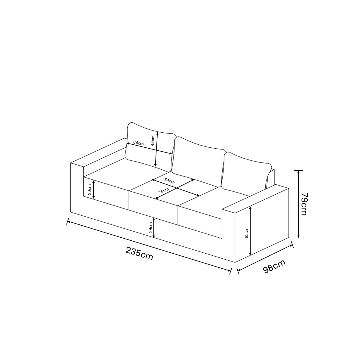 Siesta 3 Seat Lounge Set dimensions